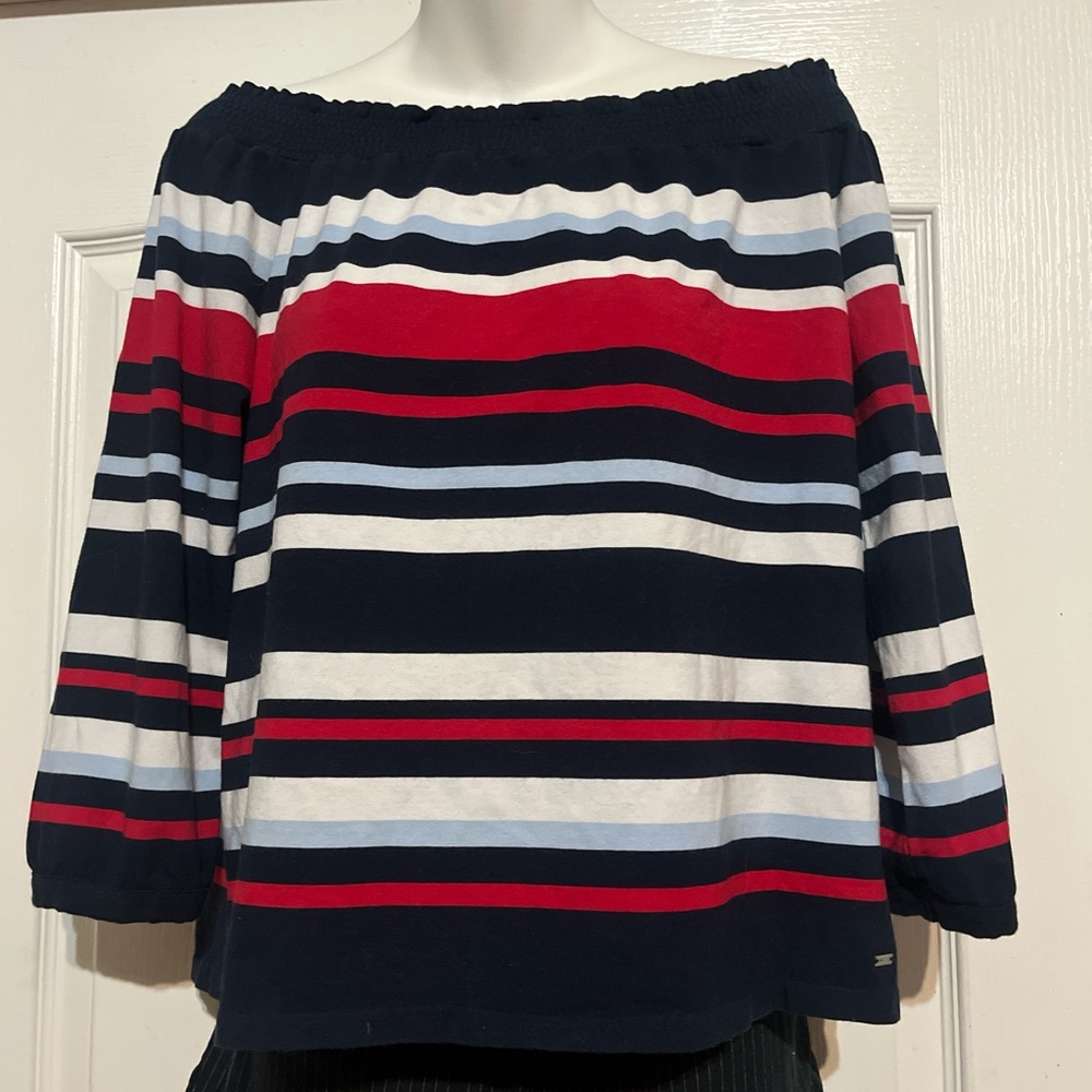 Tommy HilfigerStriped Off-Shoulder Blouse, Red, White, and Blue, size M